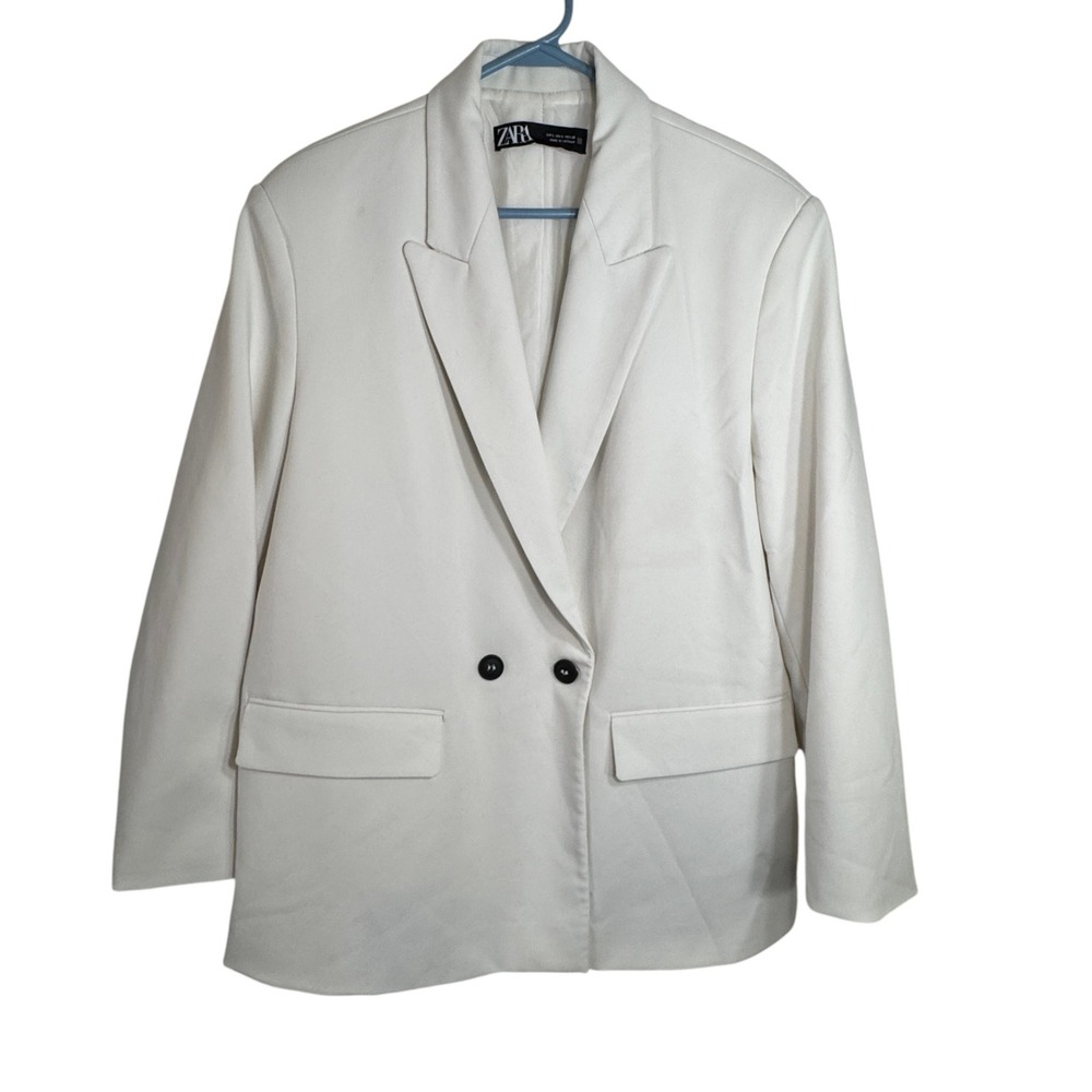 Zara Women White Double Breasted Blazer Womens Large Professional Workwear Chic